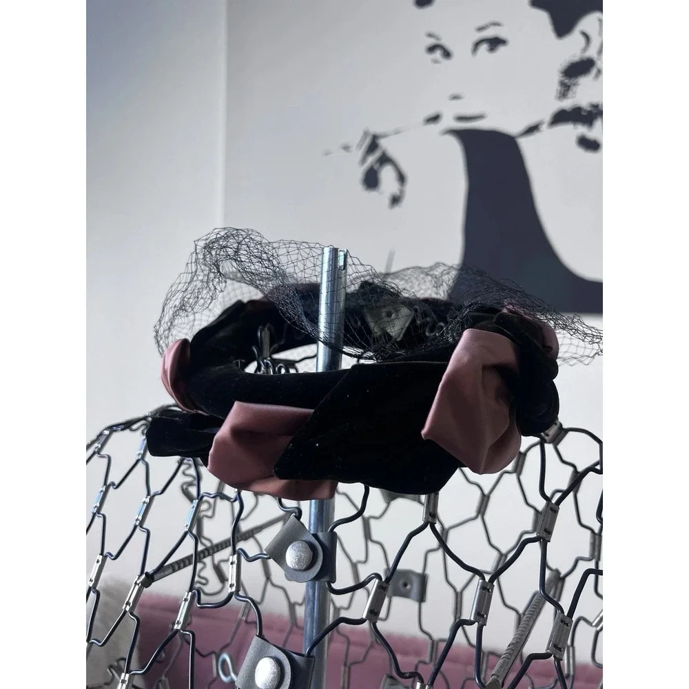 Vintage Style Black Velvet Pink Satin Bow Padded Headband with Birdcage Veil